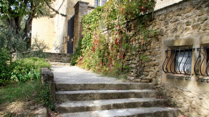 Stone steps leading up to an ivy-covered building